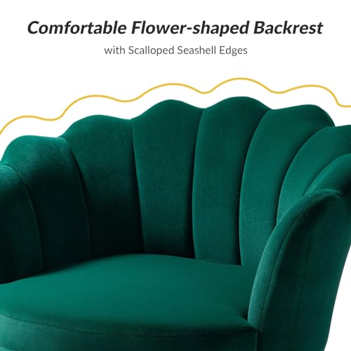 Image of HULALA HOME Modern Velvet Accent Chairs Set of 2 with Shell Shaped Back, Cute Living Room Bedroom Armchairs Sofa Chairs with Gold Legs, Comfy Upholstered Vanity Chairs for Makeup Room, Green