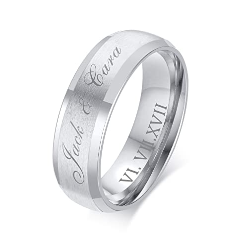 FLHEART Free Engrave Customise Name Ring Men's Stainless Steel Brushed Finish 6MM Silver Comfort Fit Wedding Band Ring,Personalized Ring Gift for him,Promise Ring Wedding band,Silver,Size R 1/2