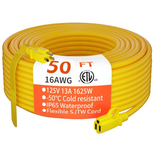 HUANCHAIN Indoor Outdoor Yellow Extension Cord 50 FT Waterproof 16/3 Gauge