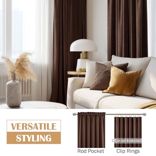 Image of Beauoop Coffee Brown Velvet Curtains 90 Inches Long 2 Panels for Bedroom Living Room Soft Luxury Room Darkening Thermal Insulated Soundproof Rod Pocket Window Treatments Drapes, 52X90 Set of 2