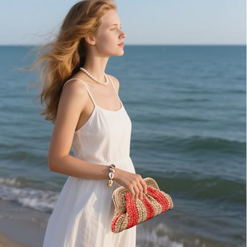 Image of Straw Clutch Purses - Straw Crossbody Bags for Women Woven Purse Beach Handbags Cloud Dumpling Pouch
