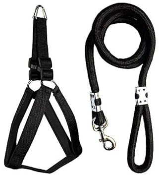 PSK PET MART Nylon Padded Adjustable 1.25inch Dog Chest Harness & 18mm Leash Rope for Large Dogs (Black)
