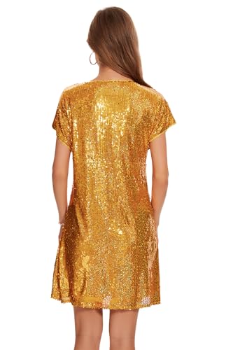 Image of Women's Crewneck Sequin Shift Dress Short Sleeve Casual Holiday Sparkly Party Dress