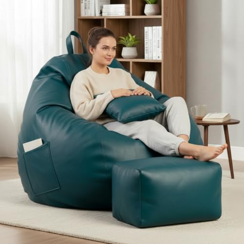 Image of KAM'S LIEU 5XL Luxury Faux Leather Bean Bag with Footrest & Cushion | Pre-Filled High-Density Polystyrene Beans | Premium Leatherette | 6 Months Warranty Color- (Teal, Without Footrest)