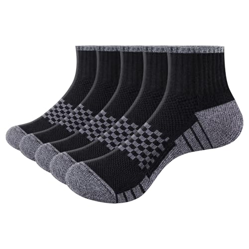 YUEDGE Mens Black Athletic Quarter Ankle Socks Anti Blister Cushioned Running Socks Moisture Wicking Anit-Odor Mid Crew Socks For Men Size 9-11, 5 Pairs