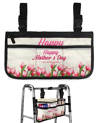 Happy Mother's Day Wheelchair Side Bag Walker Bag, Spring Tulips Flowers Wheelchair Accessories Armrest Pouch, Organizer Storage Bag for Walkers, Rollators, Scooters, 7.3''x13''