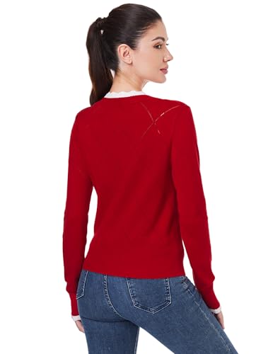 Image of AmelieBoutik Women Lightweight Button Down Long Sleeve Casual V Neck Color Trim Soft Knit Fall Cardigan Sweater Tops