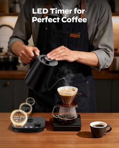 Silonn Electric Gooseneck Kettle - ±1°F Precise Temp Control, 0.9L 304 Stainless Steel | 4-Hour 212°F Keep Warm, 7 Presets & LED Brew Timer for Pour-Over Coffee