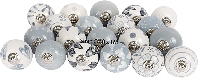 Grey and White Ceramic Door Knobs, Set of 10 Premium Quality Assorted Designs Handmade Vintage, Shabby Chic, Interior Furniture, Cabinet Cupboard Wardrobe Drawers Pulls Handles