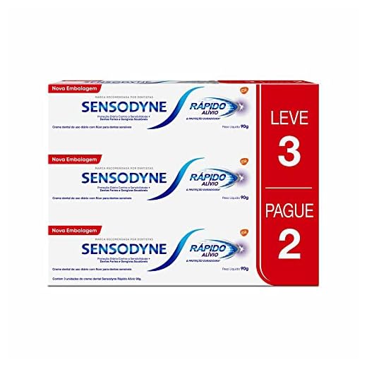 Sensodyne Creme Dental Rápido Alívio e Proteção Duradoura para Dentes e Gengivais Sensíveis, Leve 3 unidades e Pague 2, 90g cada
