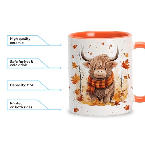 Hyturtle Fall Highland Cow Maple Leaves Coffee Mug - Birthday Gifts For Cow Lovers - Fall Autumn Decor Gifts For Farmhouse Thanksgiving - Highland Cows Gift - 11oz White Ceramic Coffee Tea Mug - Image 4