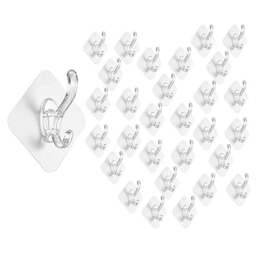 Image of BRAND VILLA Self Adhesive Wall Hooks Pack of 30 | Heavy Duty Transparent Waterproof Sticky Hooks | No Drill Utility Wall Hooks for Bathroom Kitchen Towels Keys Clothes Bags Robes
