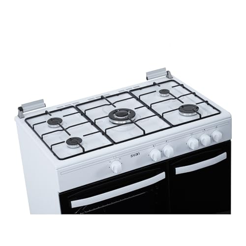 Svan Cocina Gas Butano 5 Zonas de Cocción, Horno 55 L, Blanco SKGW5901PB. Control Manual, Quemador WOK triple llama, 2 Programas, Compartimento Bombona, Cristal en Puerta de Doble Capa, Tapa Abatible