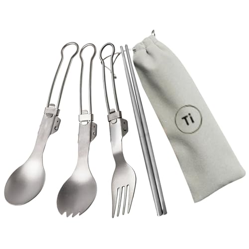 Utensilios de camping – Kit de cubiertos de titanio de 4 piezas – Juego plegable de cuchara y tenedor, para familia, , adultos, hombres, mujeres, uso diario al aire libre, picnic y almuerzo