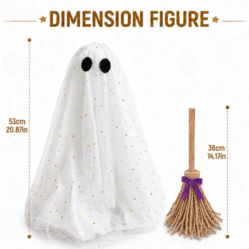 Halloween Decorations Ghost and Witch Broom Set - Full Fluffy Lighted Ghost Shape, DIY Adjustable Decor, Cute Fall Halloween Indoor Decor for Mantel, Fireplace, Entryway — view 5
