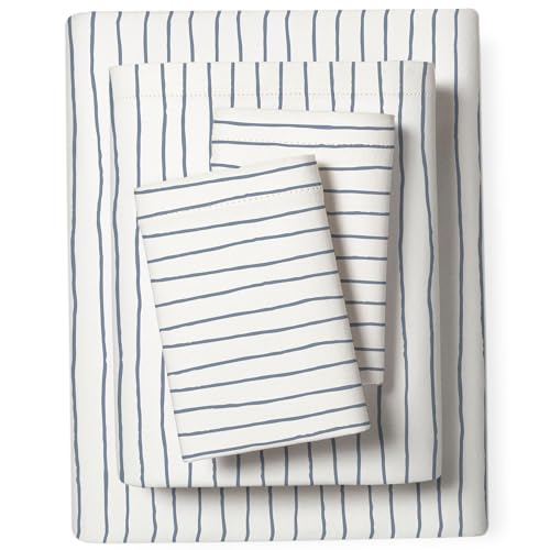 Image of MakeMake Organics Organic Full Size Sheets Set (4 Piece) GOTS Certified Organic Cotton Sheets Full Size Dreamy Soft Fitted, Flat Sheet Pillow Cases Breathable Navy (Full, Blue Stripes)