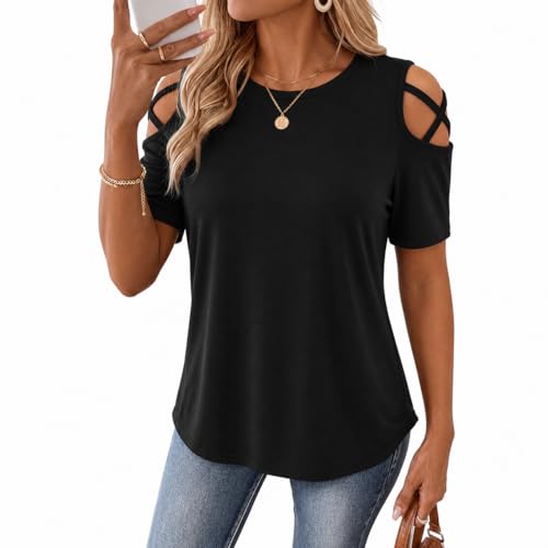Image of Jar of Love Women's Summer Tops Short Sleeve Cold Shoulder Tops T-Shirts for Women Spring Summer Tops Loose Fit Tunic 2026