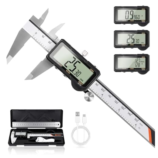 HARDELL Digital Caliper 6 Inch, Rechargeable Calipers, One-Key Reset | Caliper Measuring Tool with Large LCD Screen, Auto-Off, Inch/mm/Fraction, for DIY, 3D Printing, Jewelry, Woodworking Hobby
