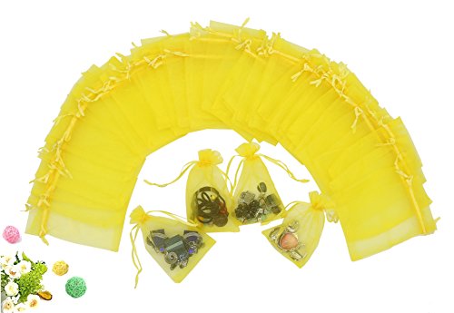 Wudygirl 100pcs Sheer Organza Bagss 4x6 with Drawstring - Jewelry Pouches for Party, Wedding Favor, Candy, Seashell (Yellow)