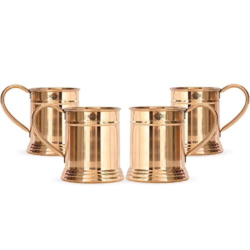 Image of INDIAN ART VILLA Pure Copper Tankard Shaped Mirror Line Design Moscow Mule Beer Mug Cup, Best for Beer Cocktail Parties, Barware, Volume-600ML, Set of 4