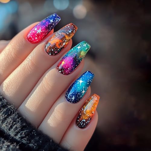 TBRZTR Press On Nails Medium Ballet Shaped False Nails 24Pcs Multi Color Glitter Stars Pattern Design Glossy Acrylic Nails