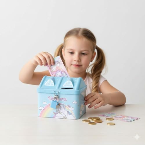 Image of Unicorn Printed Hut Shape Coin Bank Piggy Bank for Kid with Lock & Key Money Saving Storage Bank for Children Coin Collection Box for Girl Small Saving Box for Boys (L, 1, Count)