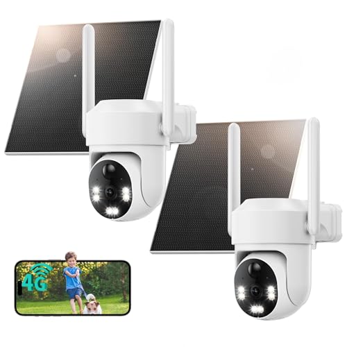 LIWAN 4G LTE Cellular Security Camera Wireless, No WiFi Security Camera Outdoor, Solar Powered, Built-in SIM Card, 2K Color Night Vision, 360° PTZ, PIR Motion Detection, IP66 for Off Grid, 2 Pack