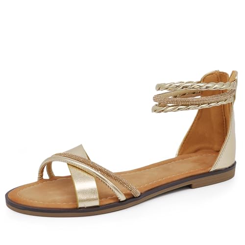 IF Fashion Flache Sommersandalen für Damen mit Bändern Armband Strass Glitzer 6W9110 Schwarz Gold Weiß, 9110 Gold, 40 EU