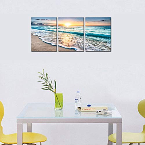 Wieco Art 3 Panels Blue Beach Sunrise White Wave Pictures Painting on Canvas Wall Art Modern Stretched and Framed Seascape Canvas Prints Seaview Landscape Artwork for Home Office Decorations