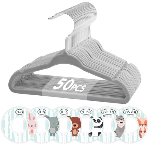 Image of VIS'V Baby Hangers, 11 Inch Velvet Kids Hangers with 6 Pcs Clothes Size Dividers, Infant Toddler Nursery Closet Organization, Non Slip, Gray, 50 Pcs