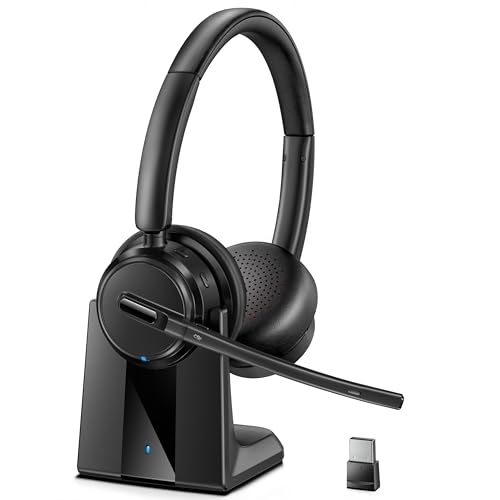 Image of Mopchnic Wireless Headset with Noise Cancelling Microphone, On-Ear Bluetooth Headset with USB Dongle, Mute Function & Charging Base, Wireless Headphones for Work from Home and Call Center (Deep Blue)
