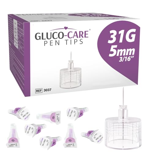 GLUCO-CARE Pen Tips 31G x 5mm Universal Fit and Twist-On Design Thin Wall Compatible with Most Pen Devices 100 Pieces per Box