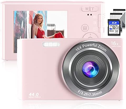 Saneen Digital Camera, FHD 2.7K & 44MP Kids Video Cameras for Photography with 32GB SD Card 16X Digital Zoom, Compact Point and Shoot Small Camera for Beginners, Kids and Teens-Pink