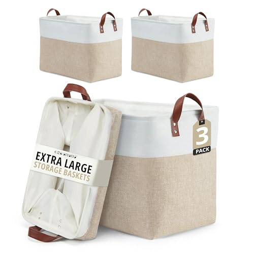 Image of DECOMOMO Large Storage Baskets | Closet Storage Bins 17x12x13inch Canvas Baskets For Storage Laundry Nursery Toys Cloth Linen (Beige & White, XXL - 3 Pack)