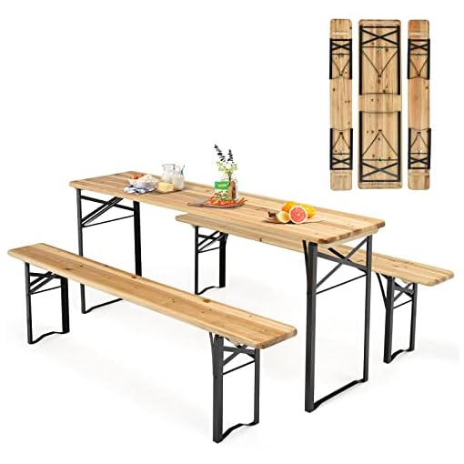 Goplus Foldable Picnic Table with Benches, 3Piece 70” Portable Beer Garden Table with Sturdy