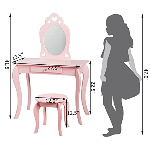 Honey Joy Kids Vanity Set With Mirror, Toddler Wooden Vanity Table With Stool & Drawer, Removable Top, Princess Pretend Play Beauty Makeup Dressing Table Playset For Little Girls(Pink) #TOP5