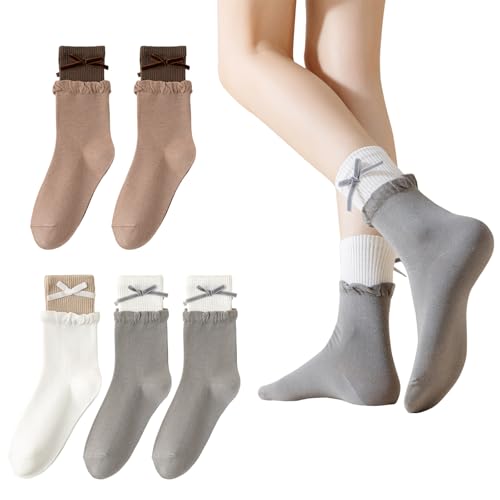 Image of Yomutiur Crew Socks for Women, Double Ribbed Sock Cuff with Cute Bow Sweet Cotton Rolled Socks Odor-resistant