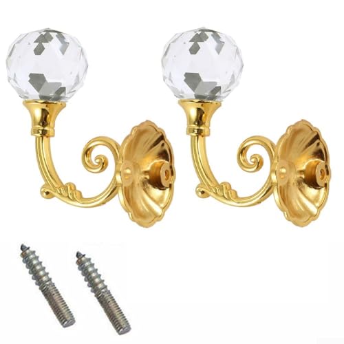 Lot de 2 embrasses de rideaux avec strass en cristal, crochets muraux en métal pour décoration de salon, chambre à coucher, finition argentée dorée (vis incluses) (doré)