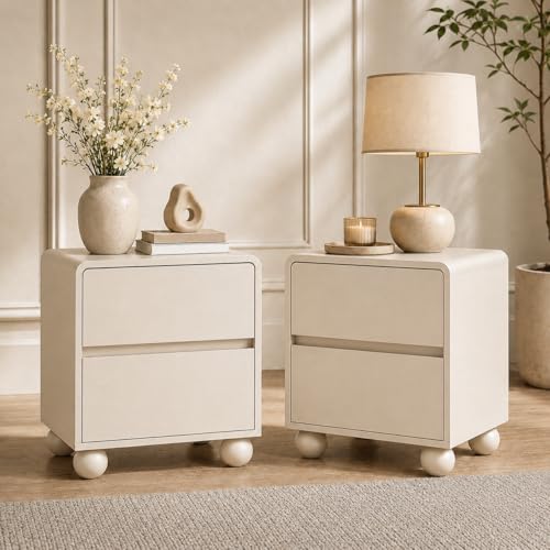 Image of Furniway Beige Nightstand Set of 2, Modern 2 Drawer Bedside Table with Curved Profile Design and Handle-Free Drawers, Modern End Table with Storage for Bedroom