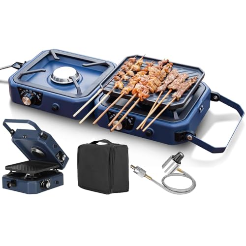 Estufa de camping de gas portátil, doble quemador con parrilla de grado alimenticio, diseño plegable para una fácil limpieza, ideal para senderismo y actividades al aire libre