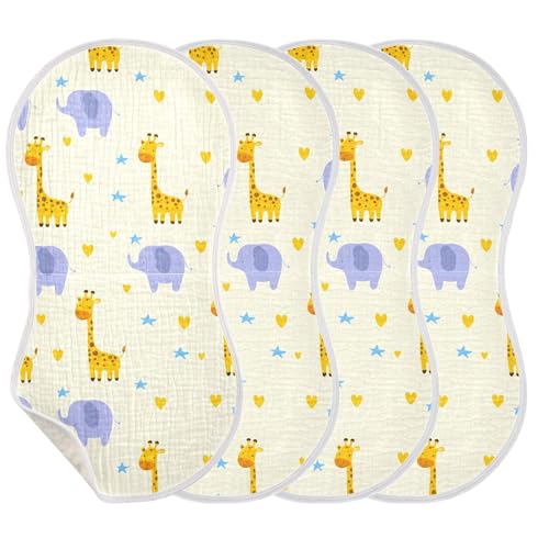 xigua Cartoon Giraffes Muslin Baby Burp Cloths Set of 4, Super Soft & Absorbent Burping Rags, Cotton Burp Clothes Shower Gift for Newborn, Baby Girls and Boys3