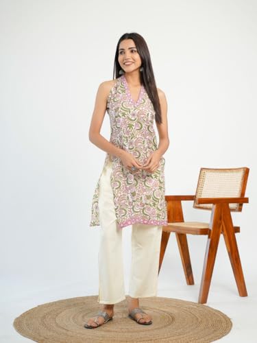 Image of GOODHAND Women Printed Cotton Kurti | Casual Long Kurta | Comfortable Ethnic Wear with Relaxed Fit