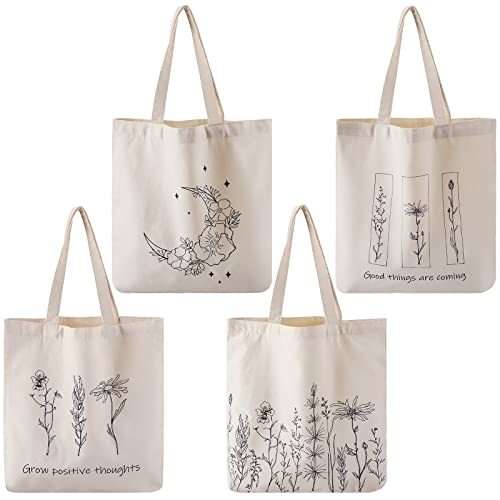 Reginary-4-Pcs-Canvas-Tote-Bag-for-Women-Floral-Cat-Mushroom-Tote-Bags-Aesthetic-Reusable-Shopping-Tote-Bag-for-Christmas-GiftWildflower