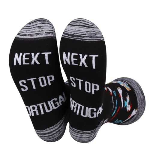 JXGZSO Next Stop Portugal Travel Gift Socks - Portugal Trip Lover Gift Vacation Gift Traveler Themed Socks for Men Women Unisex Size M-L Tall Black Letter Print 1 Pair