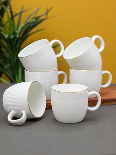 Image of Clay Craft Impression Ceramic Gold Line Coffee Mugs /Tea Cups Set of 6 Pieces, 200ml, White (Barrel), Tea Cup Set of 6, Mugs for Coffee, Cups Set of 6, Ideal for Gifting, Perfect for Home and Office
