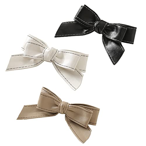 3 Pieces Pu-Leather Hair Bow Clip Bow Hair Clips Bow Hair Barrettes Handmade Knot Bow Barrettes Hair Pin Hair Bows Barrette Hair Accessories For Women, Black, White, Light-Coffee #TOP11