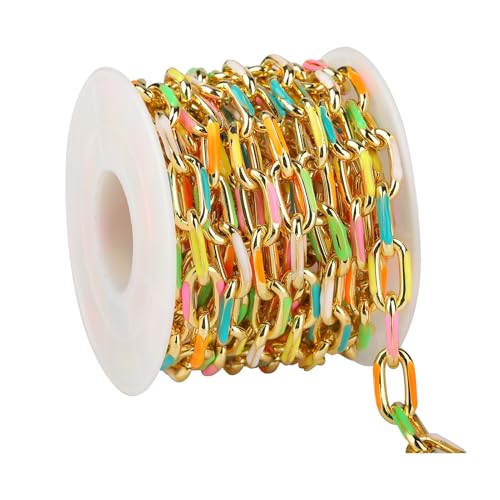 KYUNHOO 6.5 Feet Colorful Chains for Jewelry Making Enamel Paperclip Chain Roll 18K Gold Plated Brass Jewelry Making Chains for Handcraft DIY Supply Jewelry Findings