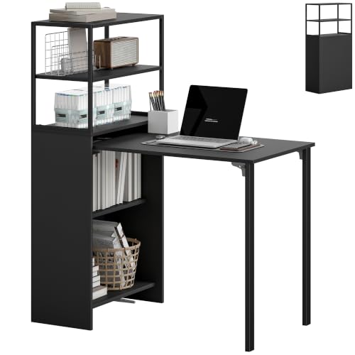 Image of HOMCOM Folding Computer Desk with 4-Tier Bookshelf Study Table, Black