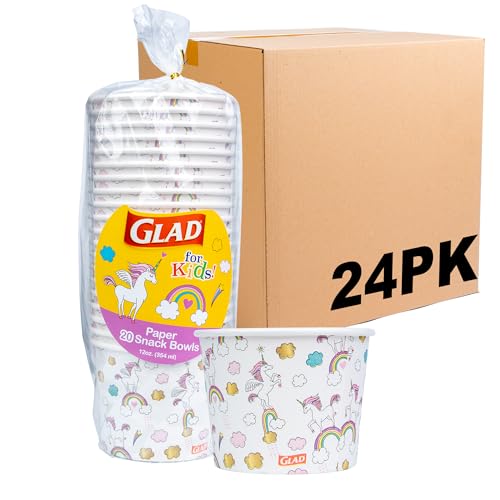 Image of Glad for Kids Unicorns Disposable Paper Snack Bowls, 12 Oz, 20 Count | Sturdy, cut-resistant bowls for snacks and parties; easy cleanup for everyday use