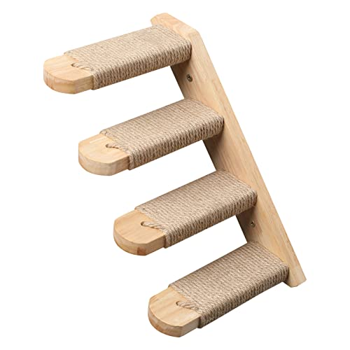 FUKUMARU Parete da Arrampicata per Gatti, 4 Scale e Gradini da Parete per Gatti, Scaletta in Legno Massiccio di Gomma,Con Corda di Iuta per Graffiare Fino a 15 kg. da Destra a Sinistra.